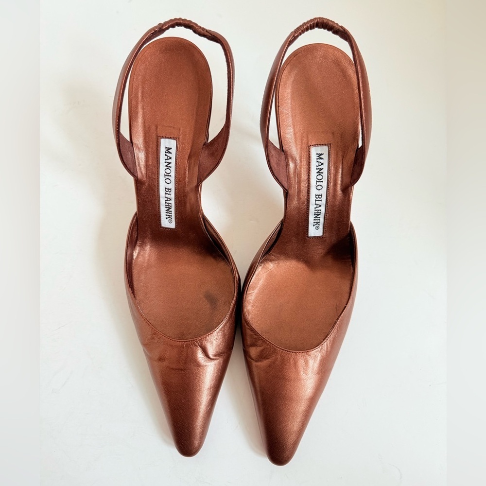 Manolo Blahnik Retro Metallic Bronze Brown Carolyne 70mm slingback pumps EU 37.5 - Picture 2 of 10